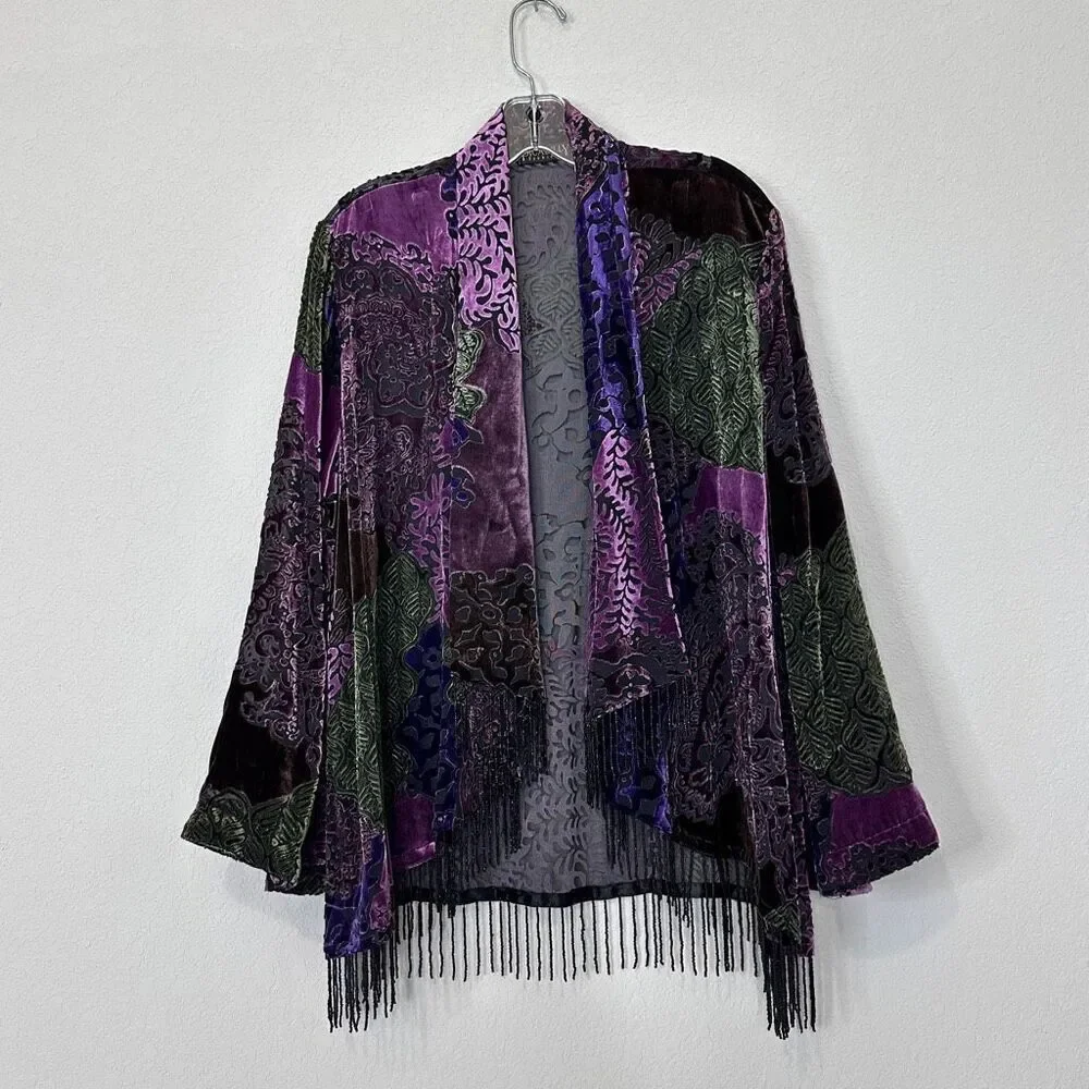 Vtg Y2K Picadilly Burnout Velvet Kimono Fringe Boho Goth 12 Whimsigoth Festival
